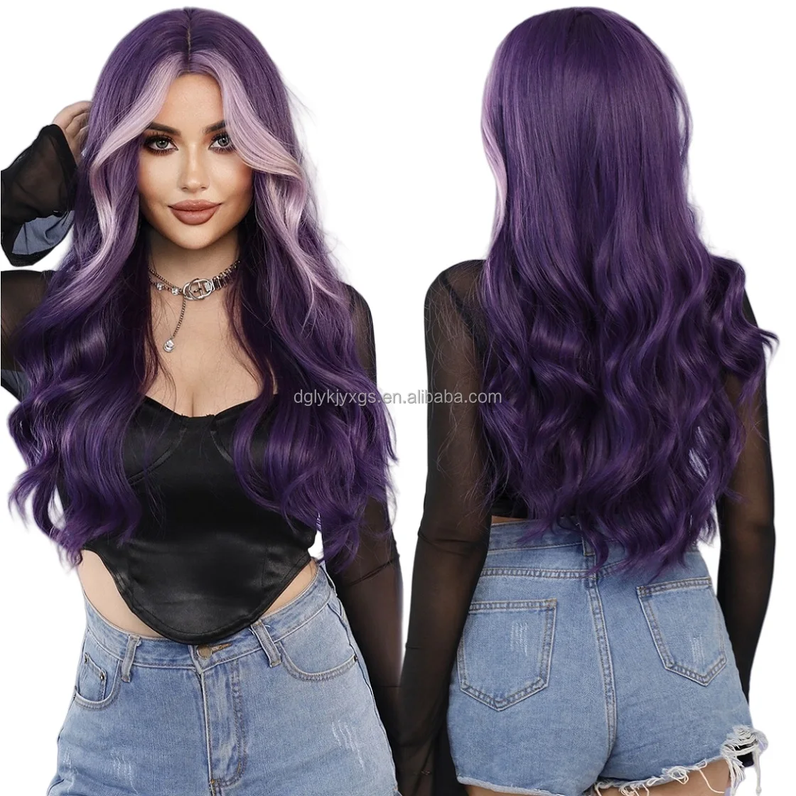 New style Medium Divider length curly hair Body water wave wig Roland Purple Pick Dyeing Synthetic Hair Wigs for women hair