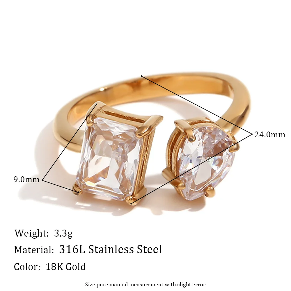 R1626 Waterproof Fashion Stainless Steel Bling Moissanite Green Cubic Zirconia Open Ring 18k Gold Plated Charm Jewelry
