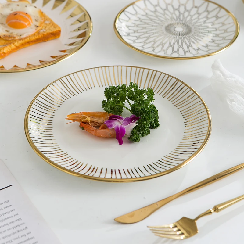 Luxury Nordic Gold Rim Design Ceramic Tableware Dinner Dishes Plates Set 8in 10inch Porcelain Steak Dessert Plates for Wedding