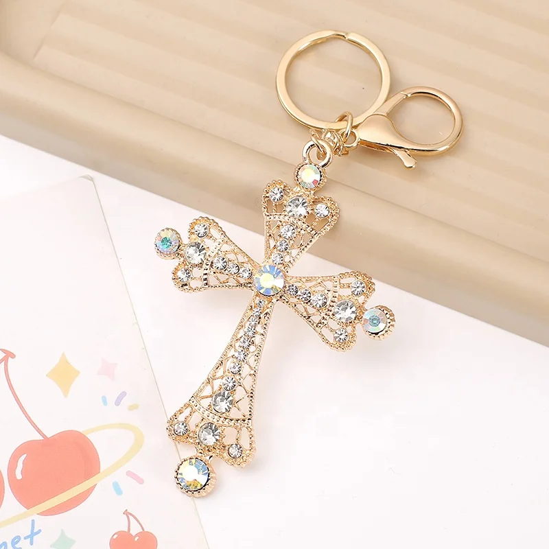New Personalised Full Diamond Cross Shape Car Keychain Pendant