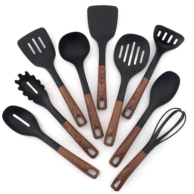 High Quality kitchenware set Cooking Utensils Tools Printing PP Handle Kitchen Utensils Set with Wooden handle