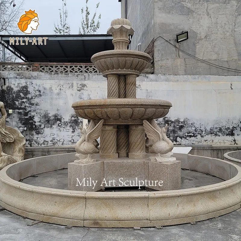 Large Natural Solid Granite Water Fountain with Carved Duck Statues for Outdoor
