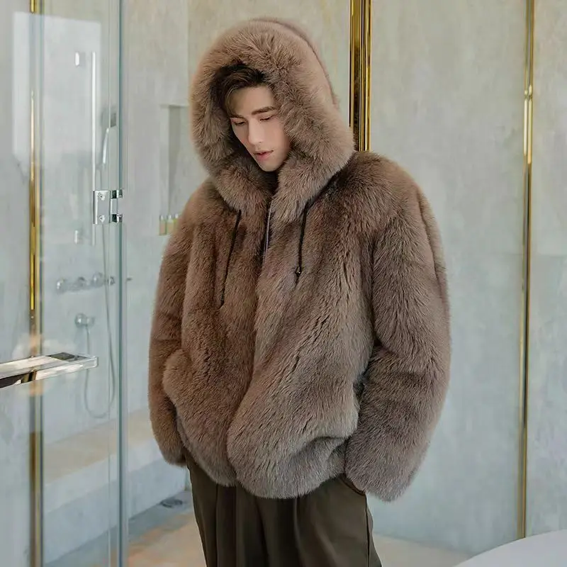 2024  Winter  Men  Warm  Fox  Fur Jacket  with Hood   Fashion  Fox  Fur  Coat for Men