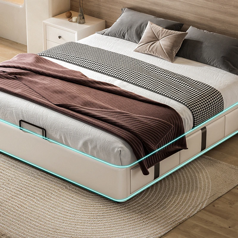 Maxky No Bedside Bed Multifunctional Modern Minimalist Light Luxury Master Bedroom High Box Storage French Double Queen Bed