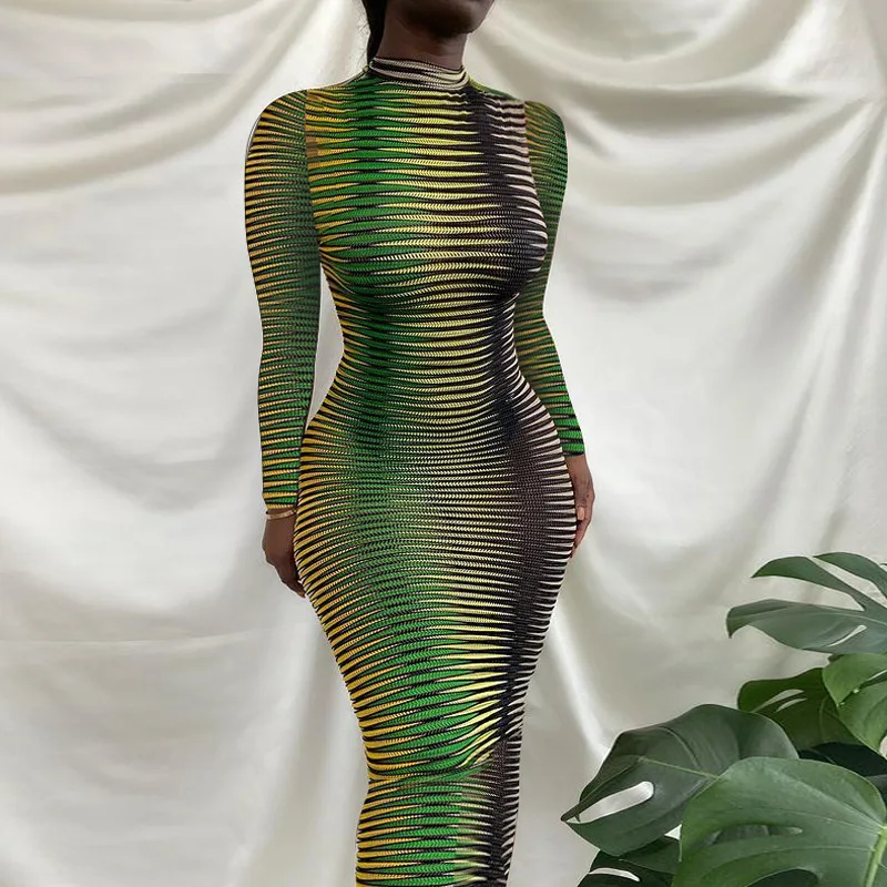 Autumn Winter Dress Snake Print Long Sleeve Bodycon See Through O Neck High Street Fashion Women Wholesale Clothes