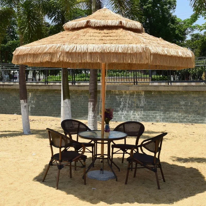 Outdoor Garden Courtyard Beach Sun Protected Parasol Artificial Straw Double Top Thatch Wood Umbrella