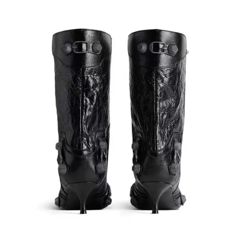 SHIKOL luxury boots for women fashion zip-embellished studded rivet crinkled-leather kitten heels wide calf ladies ankle boots