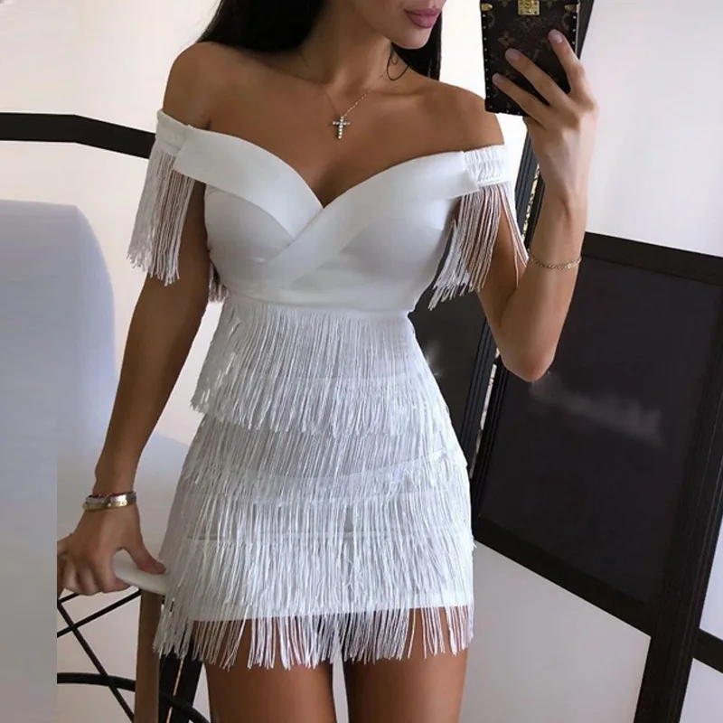 2020 New Arrival High Quality Women off shoulder summer slim Tassels party mini women evening dresses