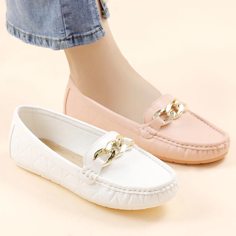 New Ballet Flats Loafer Woman Shoes Ladies Casual Leather Chain Buckle Decorated Round Toe Soft Sole Wave Pattern Comfort Shoes