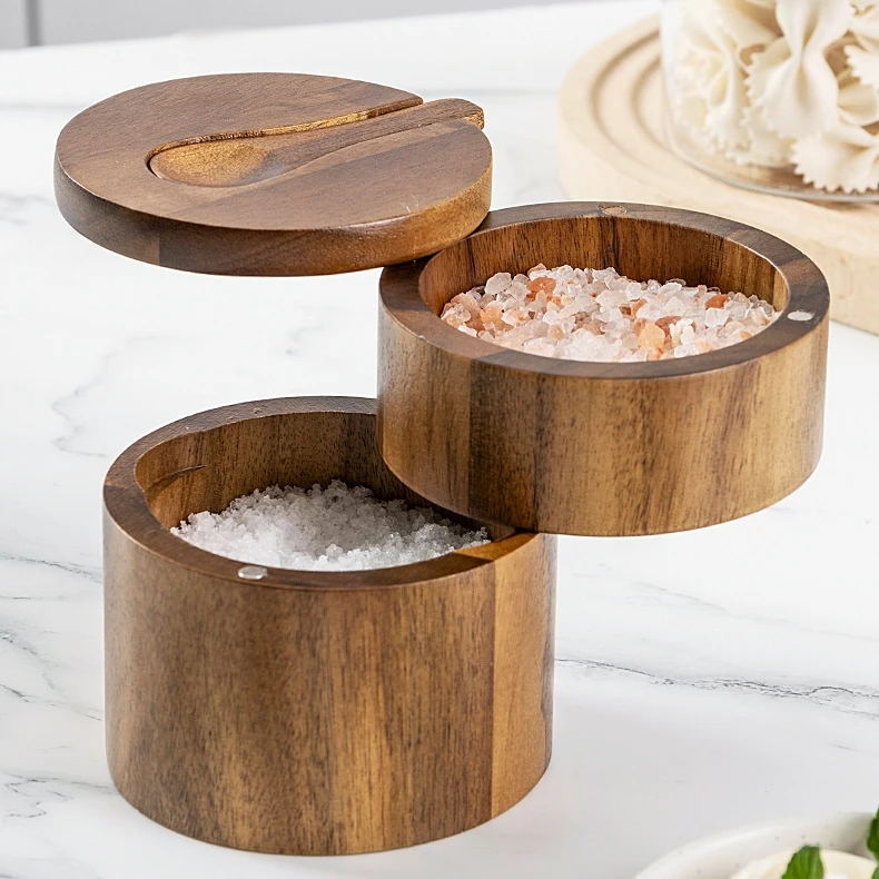 Acacia Wood Round Salt Cellar Kitchen Spice Box Holder with Swivel Cover Wooden Sea Salt Pepper Storage Container with Spoon