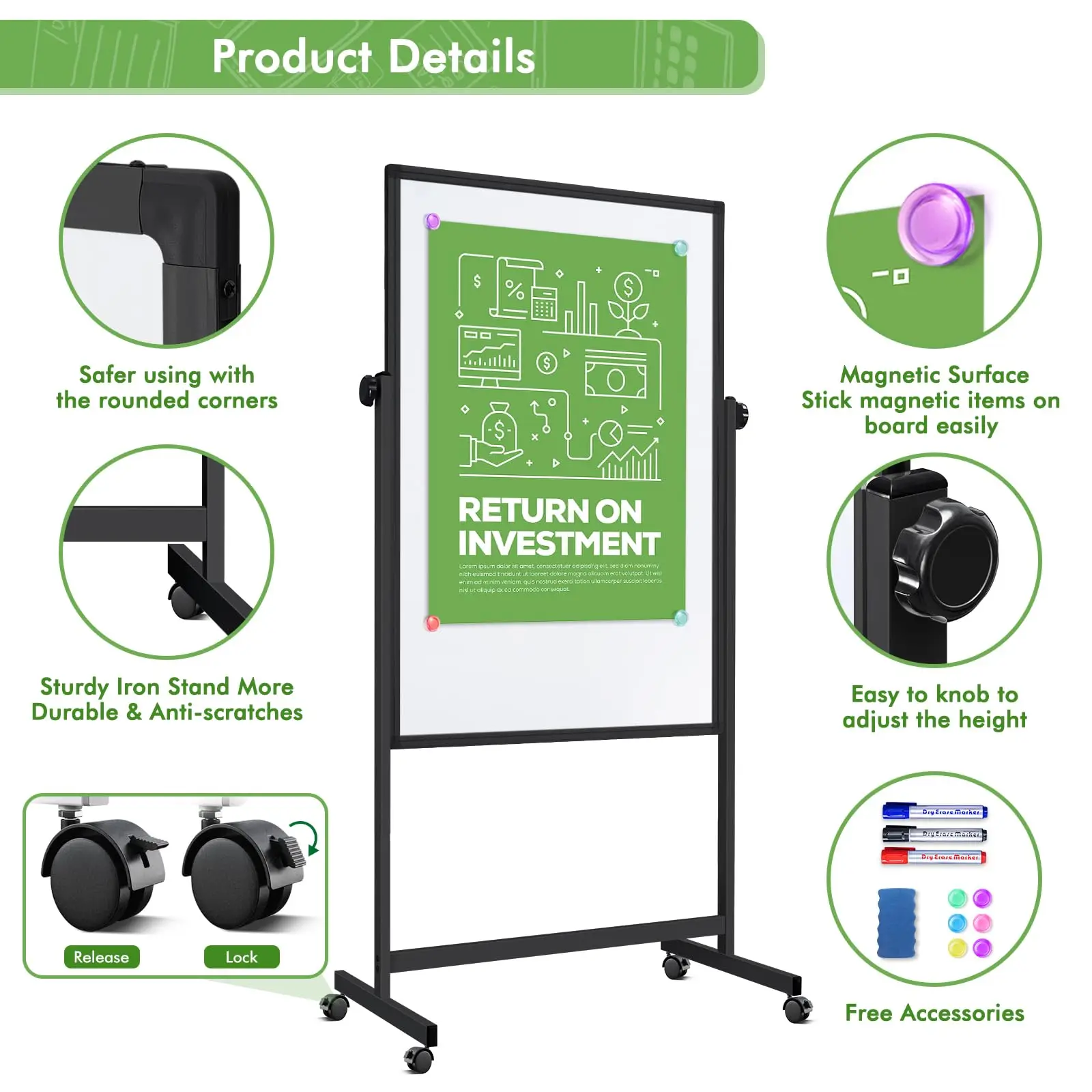 Height Adjustable Dry Erase White Board Standing Easel Whiteboard on Wheels Double-Sided Magnetic Mobile Whiteboard