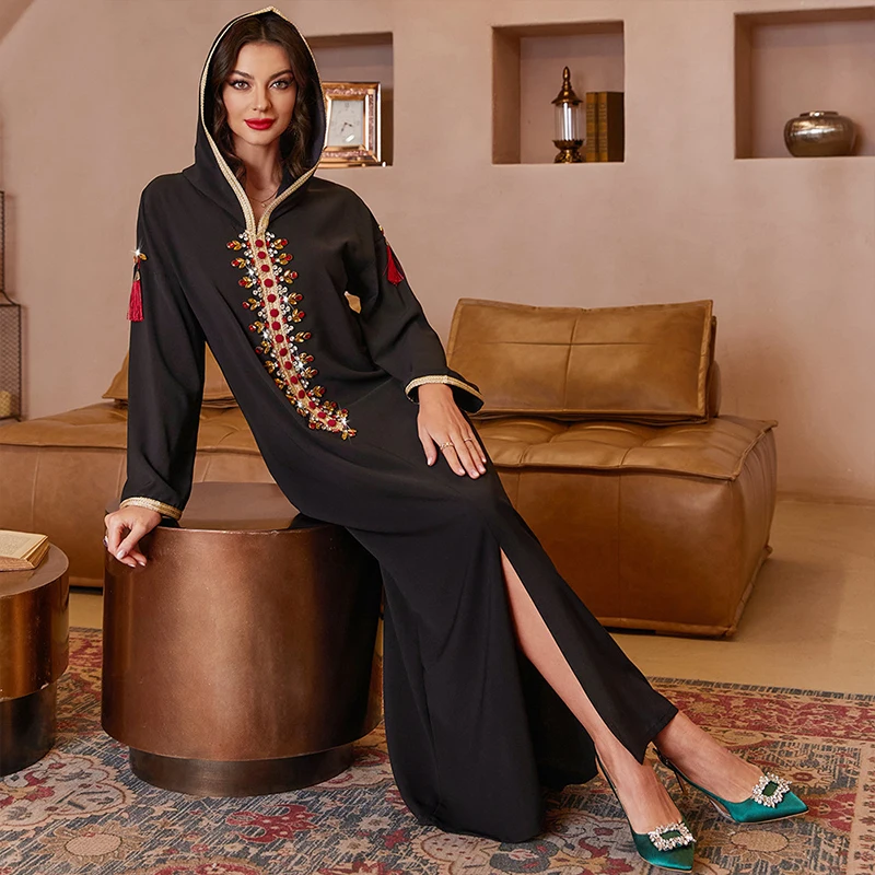 Black hooded style abaya manufacturing hand sewn diamond patchwork gold woven belt hoodie abaya dress muslim Middle East Morocco