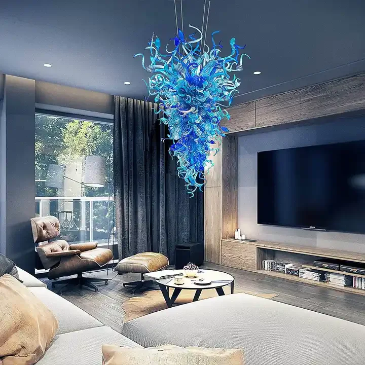 Customized Hotel Pendant Light Blue Colored Modern Luxury Art Blown Glass chihuly style unique design large glass chandelier