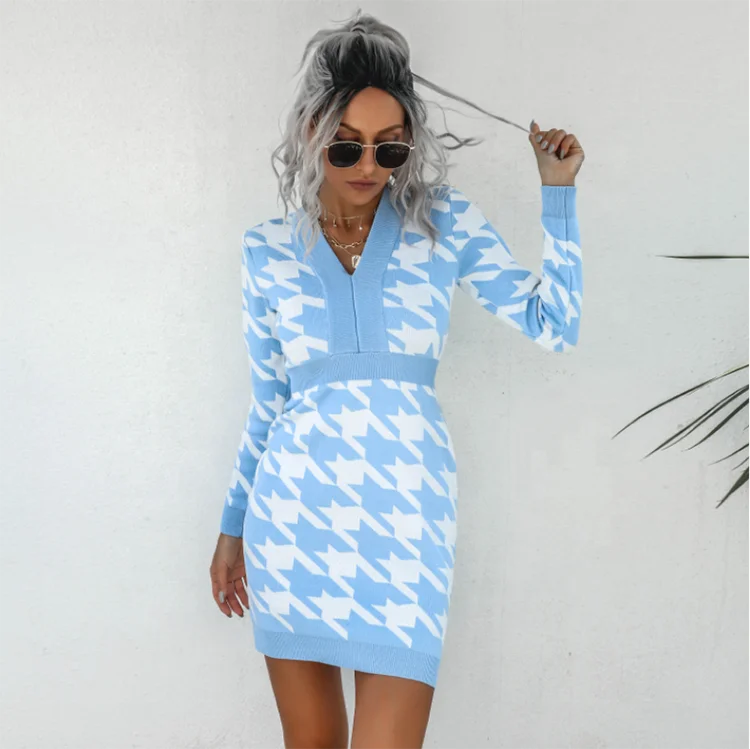 Winter Elegant Blue Houndstooth Lady Slim Dresses V Neck Long Sleeved Jumper Warm Women Sweater Knitted Dress