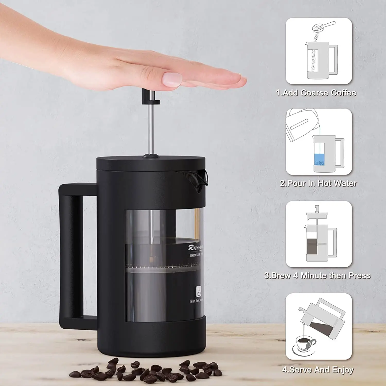 OEM/ODM Custom Logo 304 French Press Coffee Glass Plastic 350Ml Portable French Press Coffee Maker Plunger