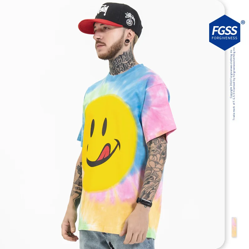 Hot sales 2021 new styles fashion brand smiley printed cotton 210GSM loose INS tie-dye short sleeve T shirt for men