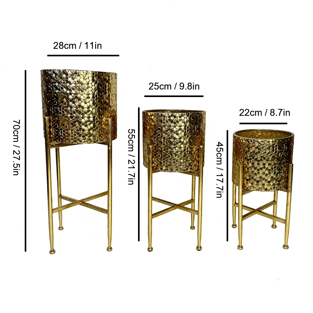 Lander Set of 3 Modern Luxury Gold Tall Floor Planters with Stands Elegant Gold Metal Plant Pots