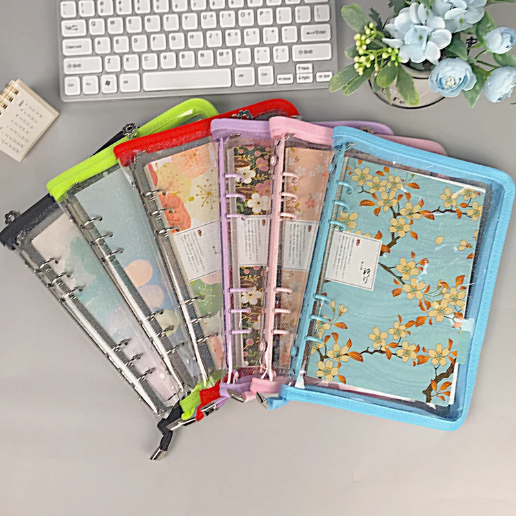 A6 Binder PVC Notebook Budget Envelopes Organizer 6-Ring Cover with Zipper Pockets