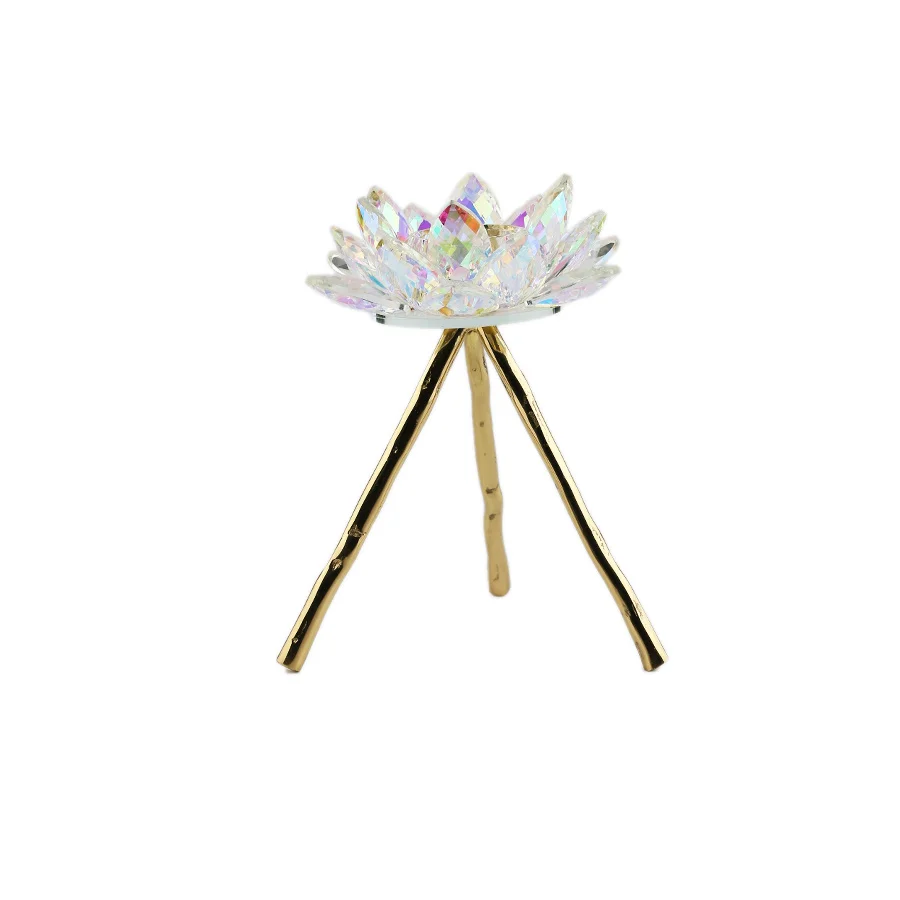 New Design Candle Holder  Decorative Crystal Lotus Flower Glass Candle Holder With Metal Base
