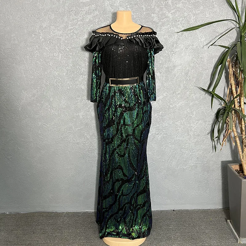 2022 New African Dresses For Women Formal Party Gowns Elegant Lady Sequin Bodycon Fringed Glitter Maxi Evening Dress With Belt
