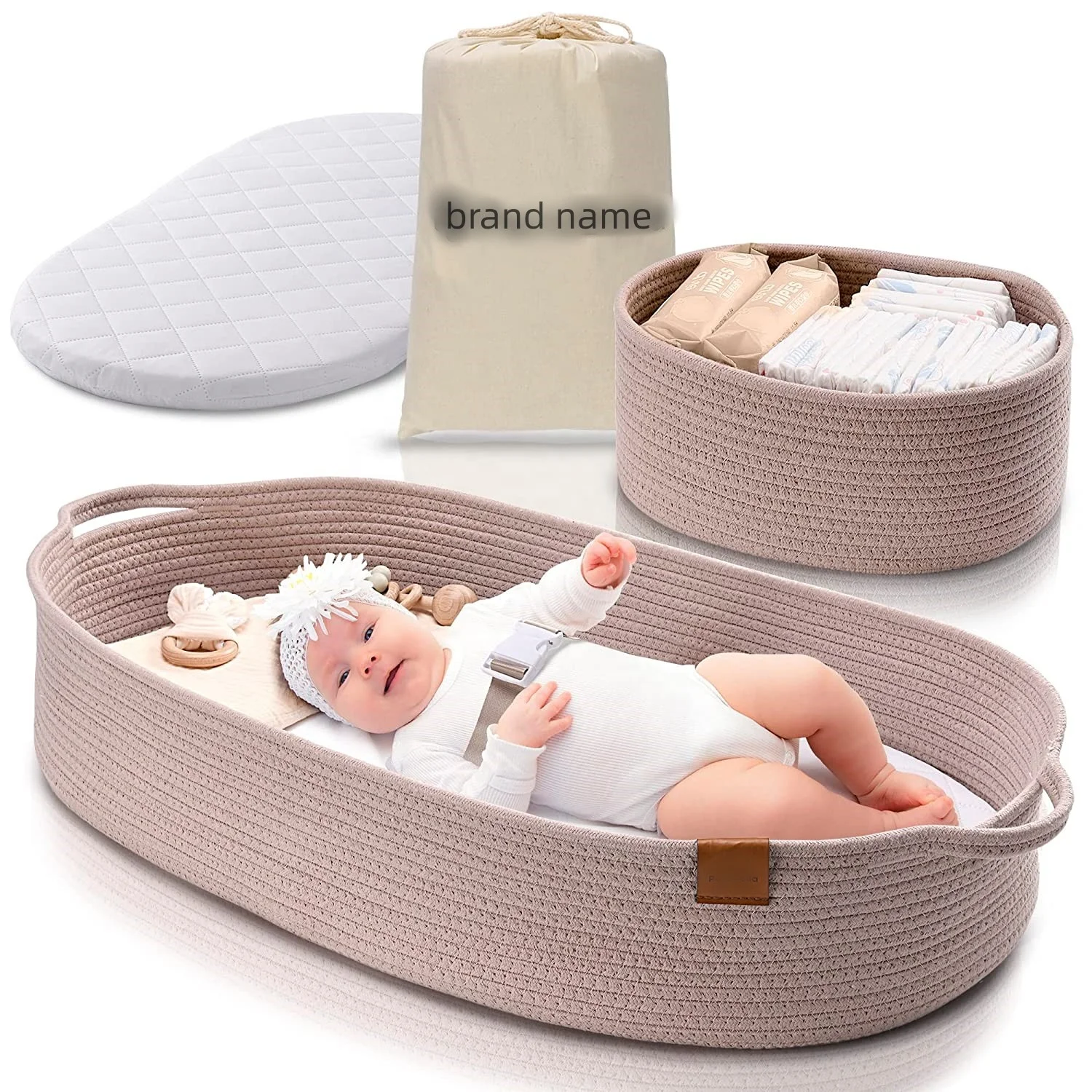 Pure color cotton rope decorate basket baby shower baby moses basket bedding with water-proof foam pad and small diaper basket