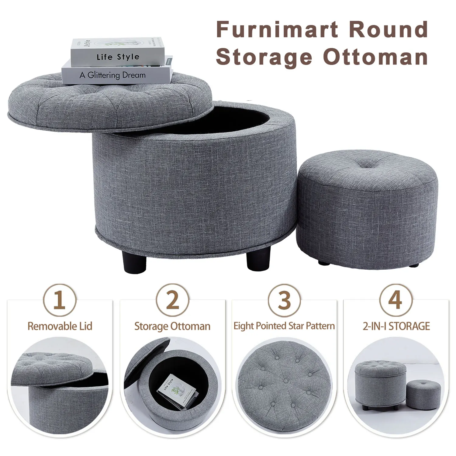 Custom Colors 2 in 1Single Ottoman Seat with Storage Round Fabric Stool for Livingroom Bedroom