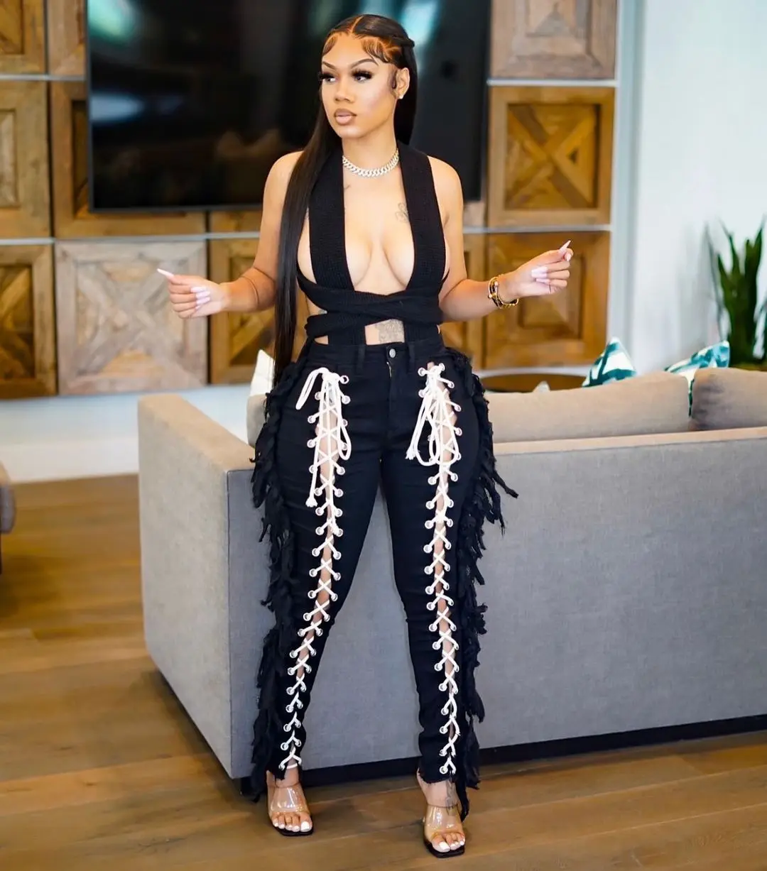 2022 Summer Denim Pant Sexy Hollow Out Clothing Plus Size Women Trouser Fashion Bandage Fringe Pant Lady Outdoor Cargo Jeans