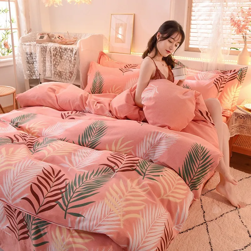 Thickened cotton girls bedding set brushed wool king-size quilt bedspread 4-piece set