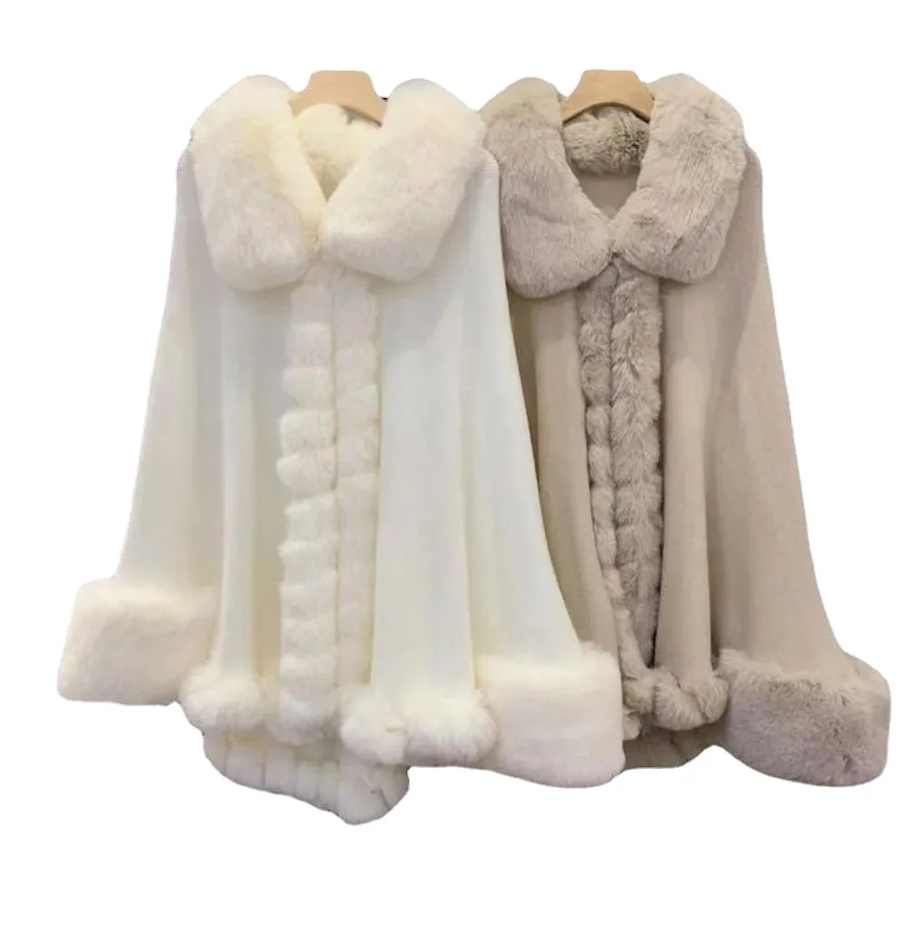 5 Color Winter Batwing Sleeves Cloak Women Warm White String Faux Rabbit Fur Turn-Down Collar Poncho Cape Knitted Outstreet Coat