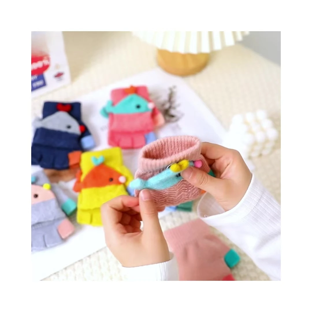 Convertible Flap Cover Kids Knitted Warm Fingerless Gloves With Adorable Rabbit Pattern For Girls Boys