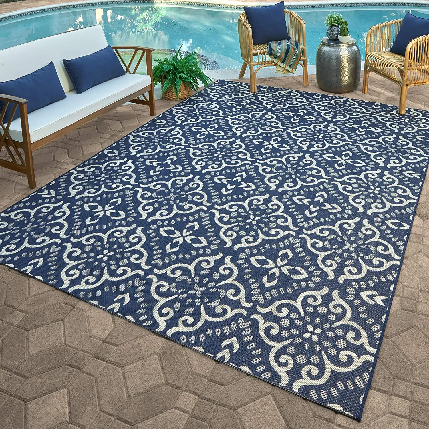 Outdoor Rug Freedom Collection Nautical Themed Smart Care Deck Patio Carpet 8x10 Large Floral Medallion Navy Blue