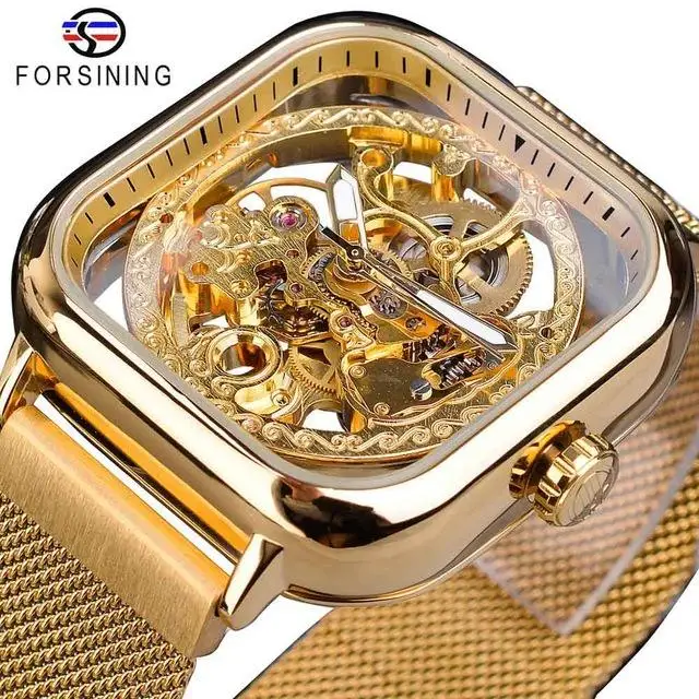 Forsining Watch Mechanical Skeleton Watches Gold Square Transparent Luxury Gold Relogio Masculino Erkek Kol Saati 7 Buyer