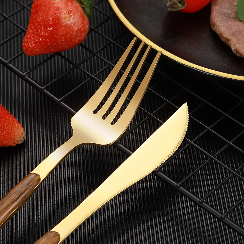 5pcs Stainless Steel Wooden Handle Cutlery Set Dinnerware Clamp Western Tableware Knife Fork Tea Spoon