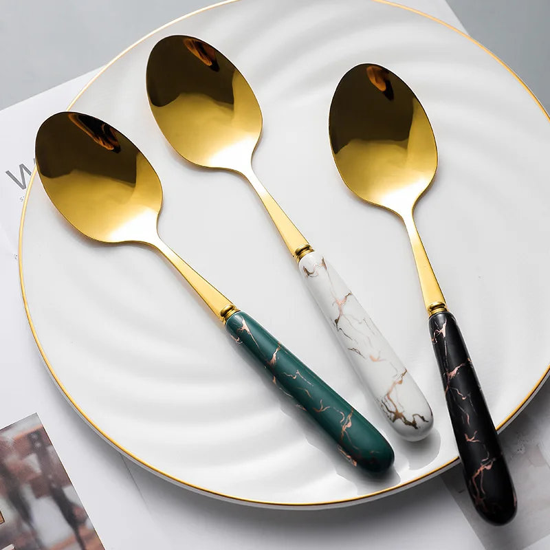 High Quality Tableware Western Steak Dark Green Gold Cutlery Five-piece Set with Ceramic Handle