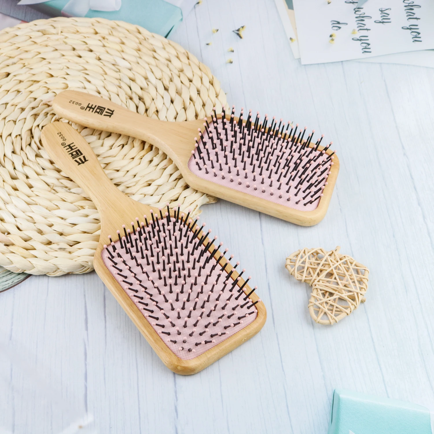 Professional Custom Logo Natural Comb Home Anti Static Bamboo Beach Wooden Large Rectanglge Paddle Hair Brushes and Combs Set