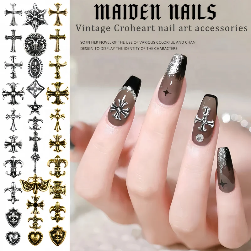 Retro Chrome Hearts Nail Art Accessories 2024 New Internet Celebrity Nail Decoration Metal Rivet Patches Mixed Pack
