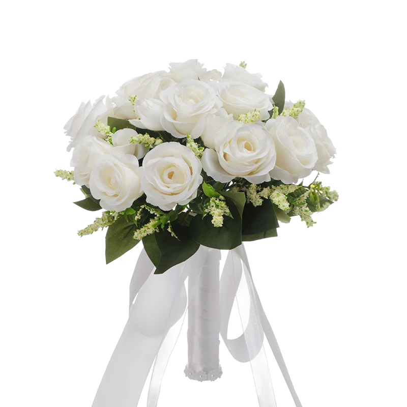 Artificial Holding Flowers White Champagne Bridesmaid Flower Wedding Bouquet With Ribbon