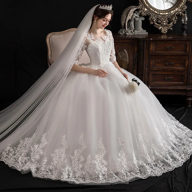 
New shoulder lace wedding dress long tail wedding dress large size wholesale wedding dress 