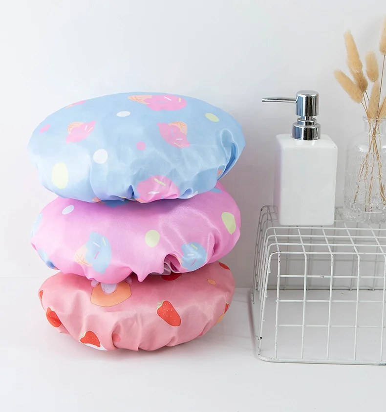 Waterproof Bath Hat Double Layer Shower Hair Cover Women Supplies Shower Cap With Ice cream pattern