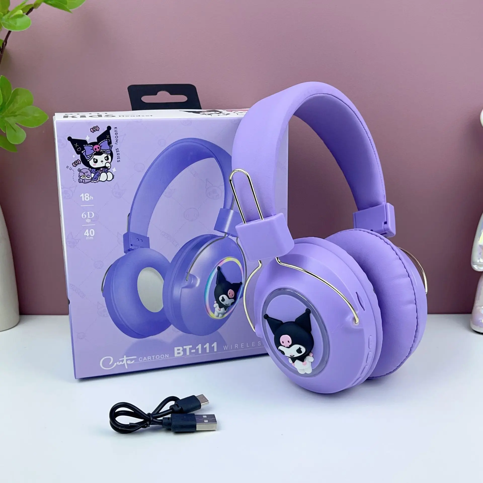 W-728 Cartoon Kuromi Blueteeth Audio Toys Cute Headband Bluetooth Sport Headset Light-emitting Headset