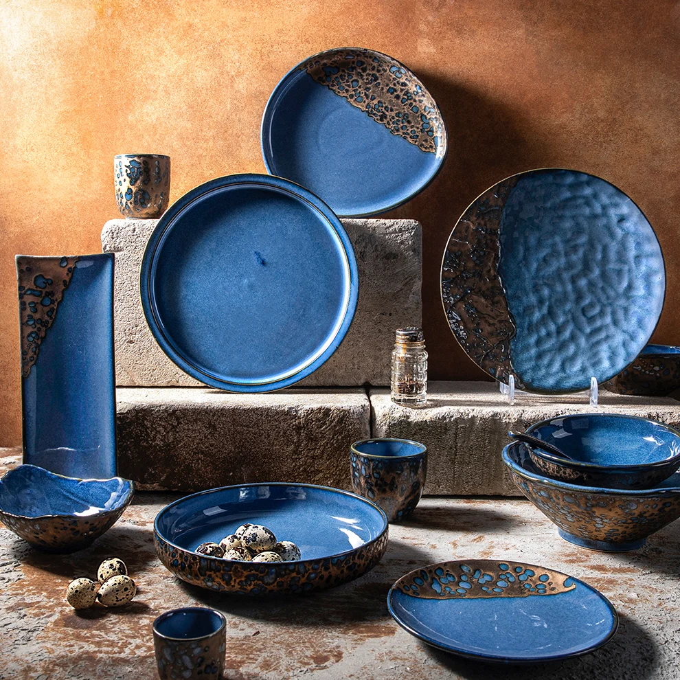 Японский Ресторан королевская Глянцевая голубая глазурь посуда Кухня Микроволновая печь безопасные обеденные фарфоровые тарелки наборы Посуда пара отель