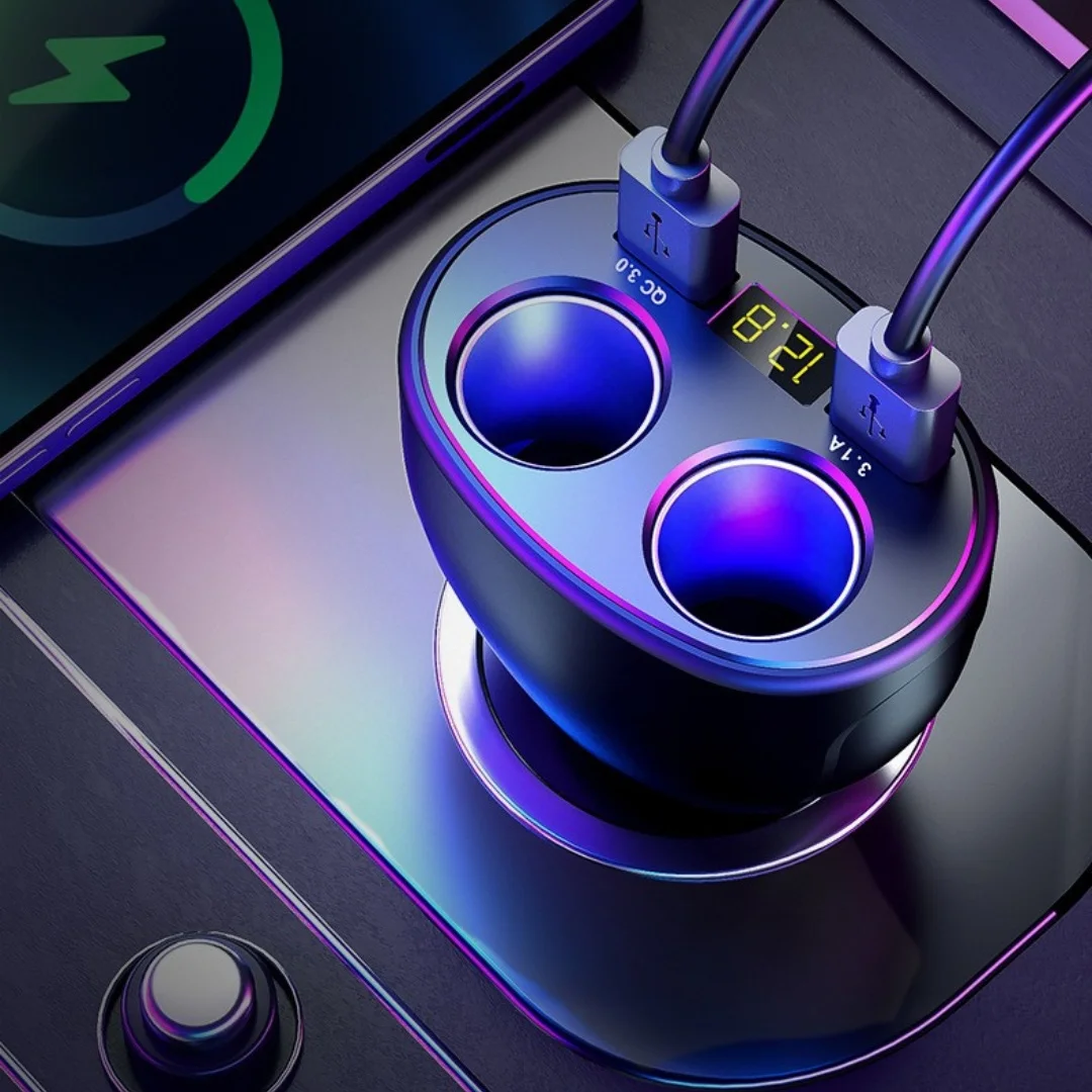 360 degree rotating car cigarette socket QC3.0 dual USB fast charger with voltage digital display