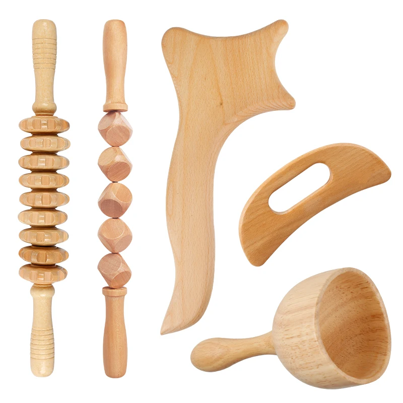 Factory Cheap 5 in 1 wood massage tools set Moon Shaped Wooden Gua Sha Tools  Body Guasha Set Wood therapy massage