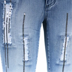 Новые Модные полусапоги до середины талии рваные джинсы для женщин с блестками и синие стретчевые джинсы для женщин