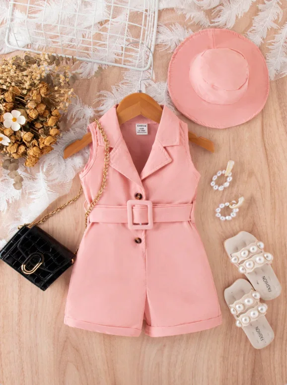 2024 Summer Fashionable Baby girl clothing set Solid color sleeveless jumpsuit Factory Direct Sale