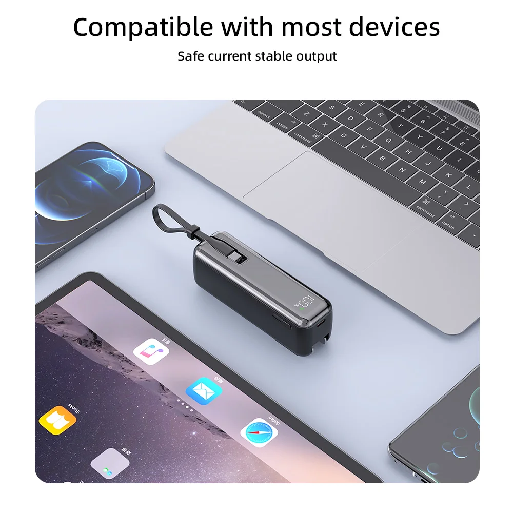3-in-1 5000mAh Portable Charger with Built-in USB-C Cable and Foldable AC Plug Wall Charger Travel Power Bank Cargador Portatil
