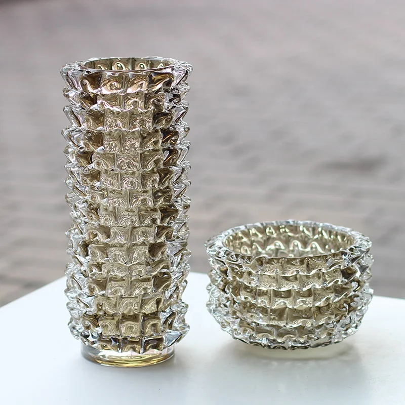 Bixuan Handmade Mouthblown Art Glass Vase Khaki Color Triangle Prisms Spiky Thorn Design Home Table Decor Thick Heavy Glass Vase