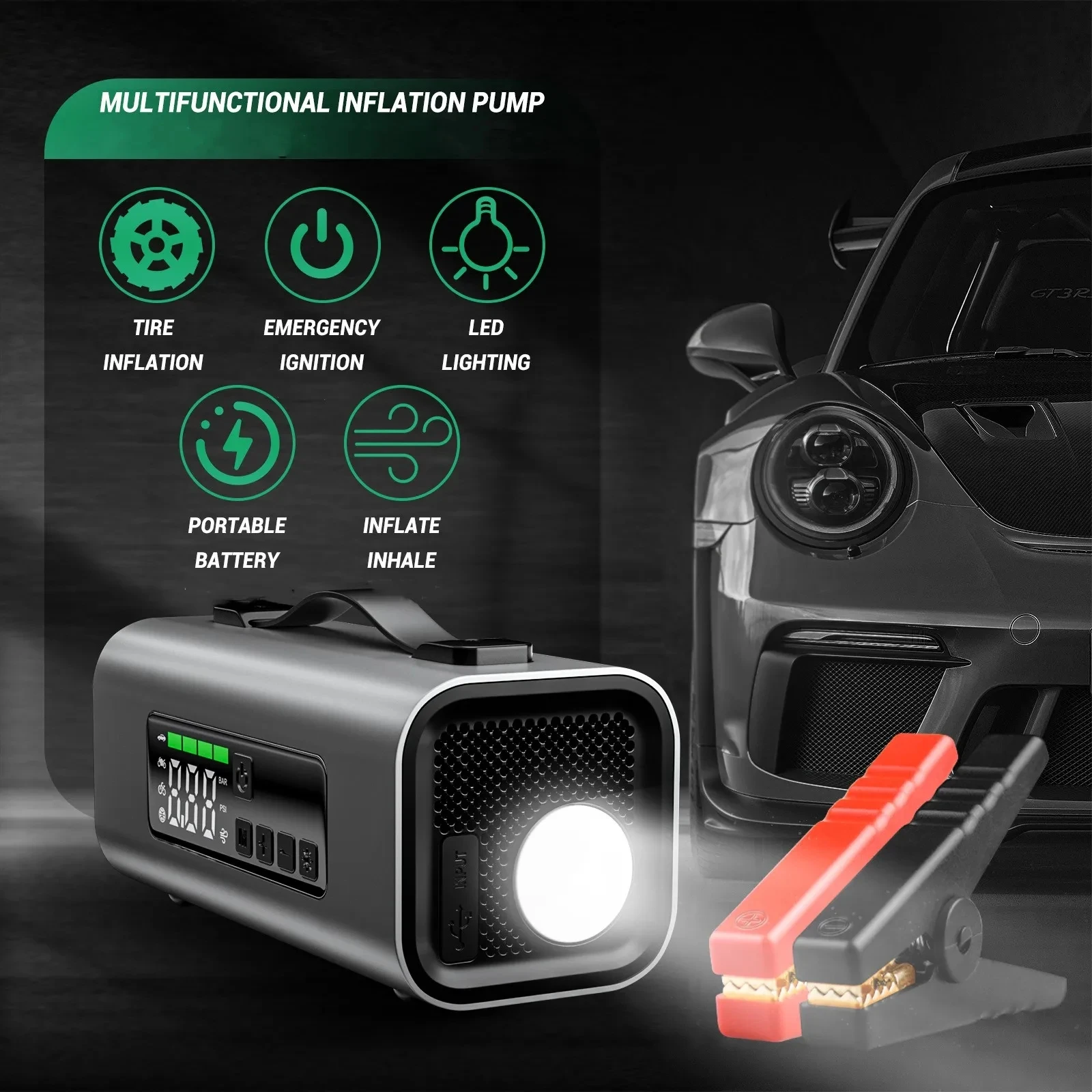 4 IN 1 Multifunction 2000A 10400mAh Car Jump Starter Power Bank With Air Compress And Air Blower