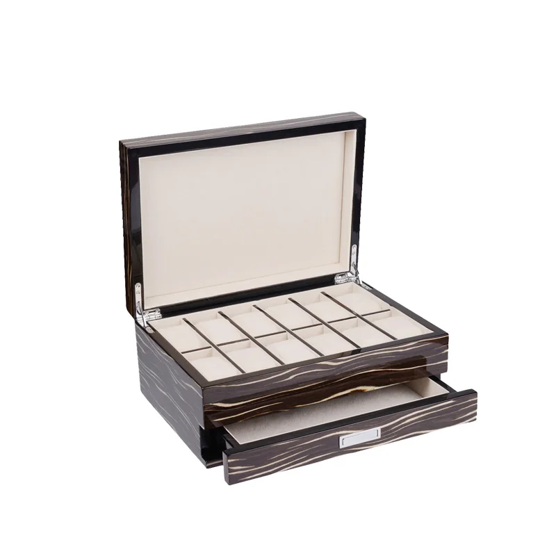 custom logo double layers glossy lacquer wooden veneer storage watch jewel  box display case with lid and locks