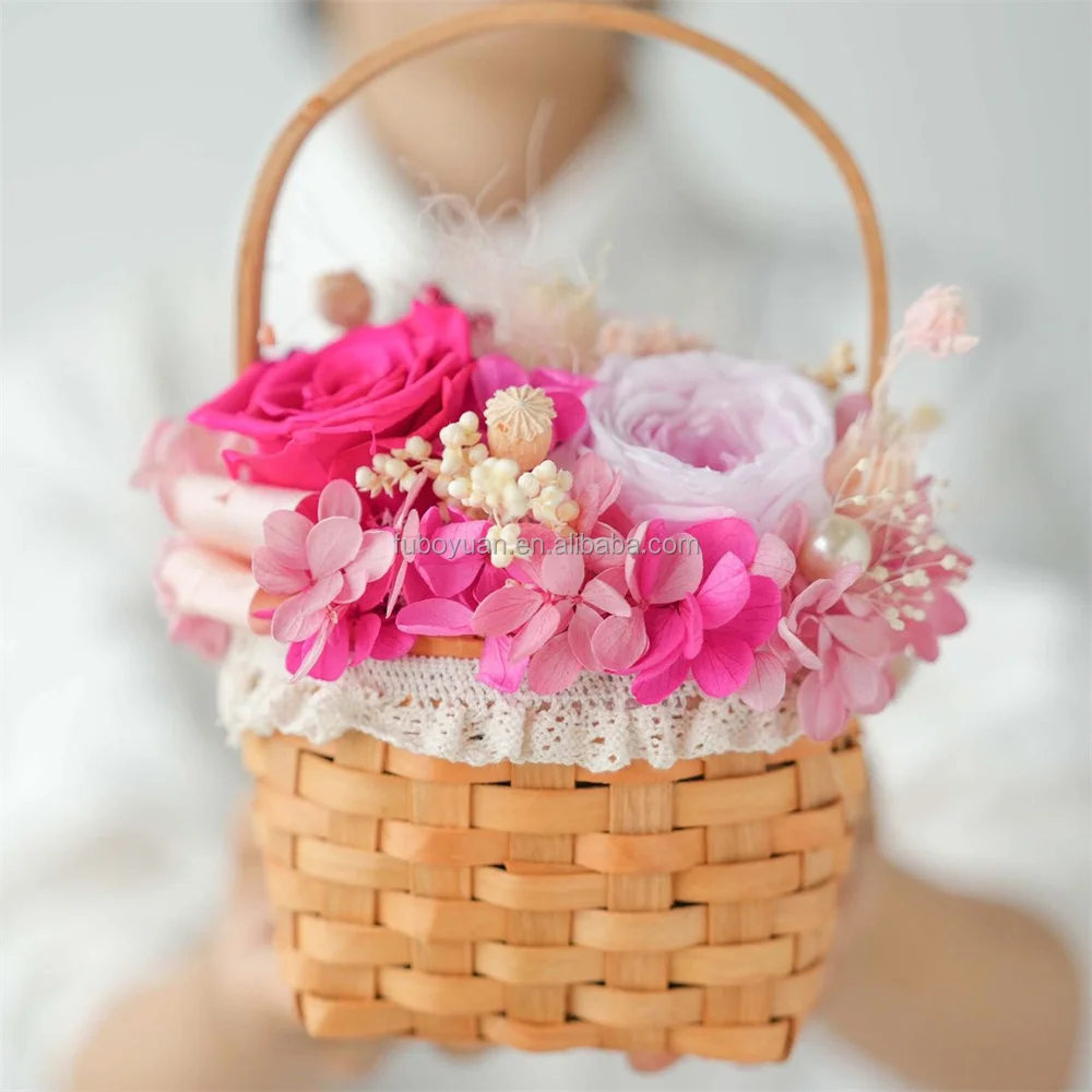 E- Luxury Small flower basket Eternal Gerbera rose flower arrangement preservwd flowers living room table decoration